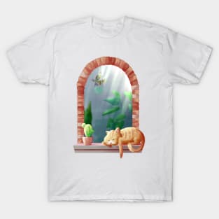 Orange tuxedo cat napping in window with a cactus T-Shirt